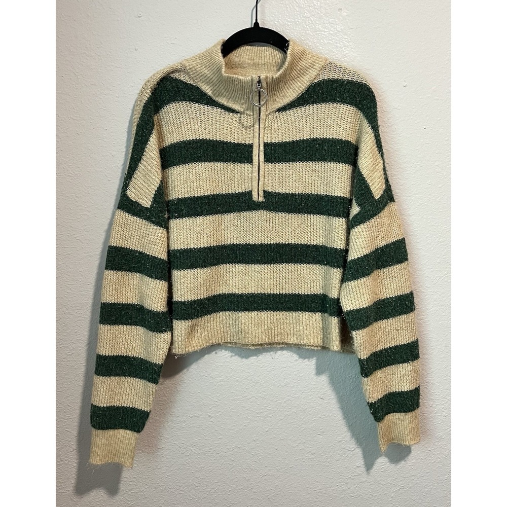 Noisy May Women's Sweater Size Medium Cropped Striped 1/2 Zip Mock Neck Boxy